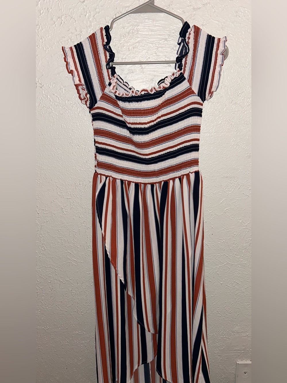 Striped Ruffle-Sleeve Maxi Dress in Rust, Navy & White